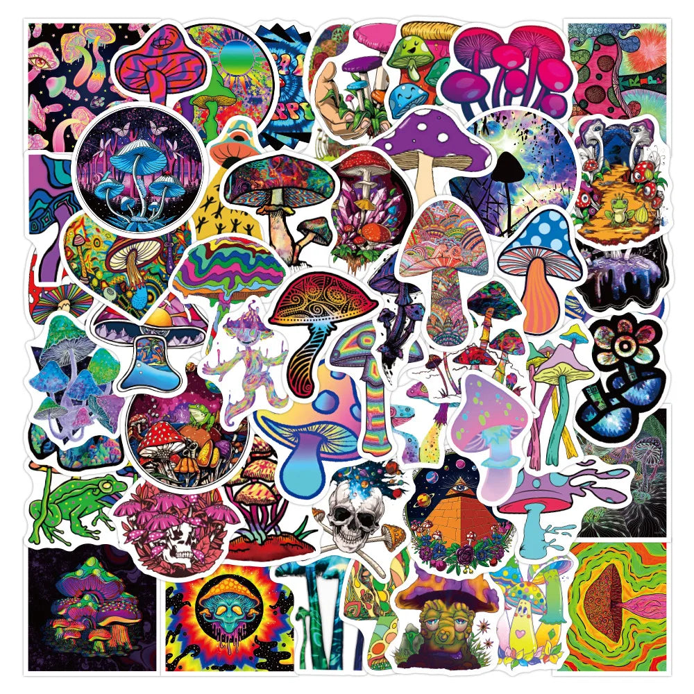 50Pcs Colorful Psychedelic Mushroom Rainbow Stickers Aesthetic Cute Plant Mushroom Stickers for Graffiti Skateboard Laptop Decor