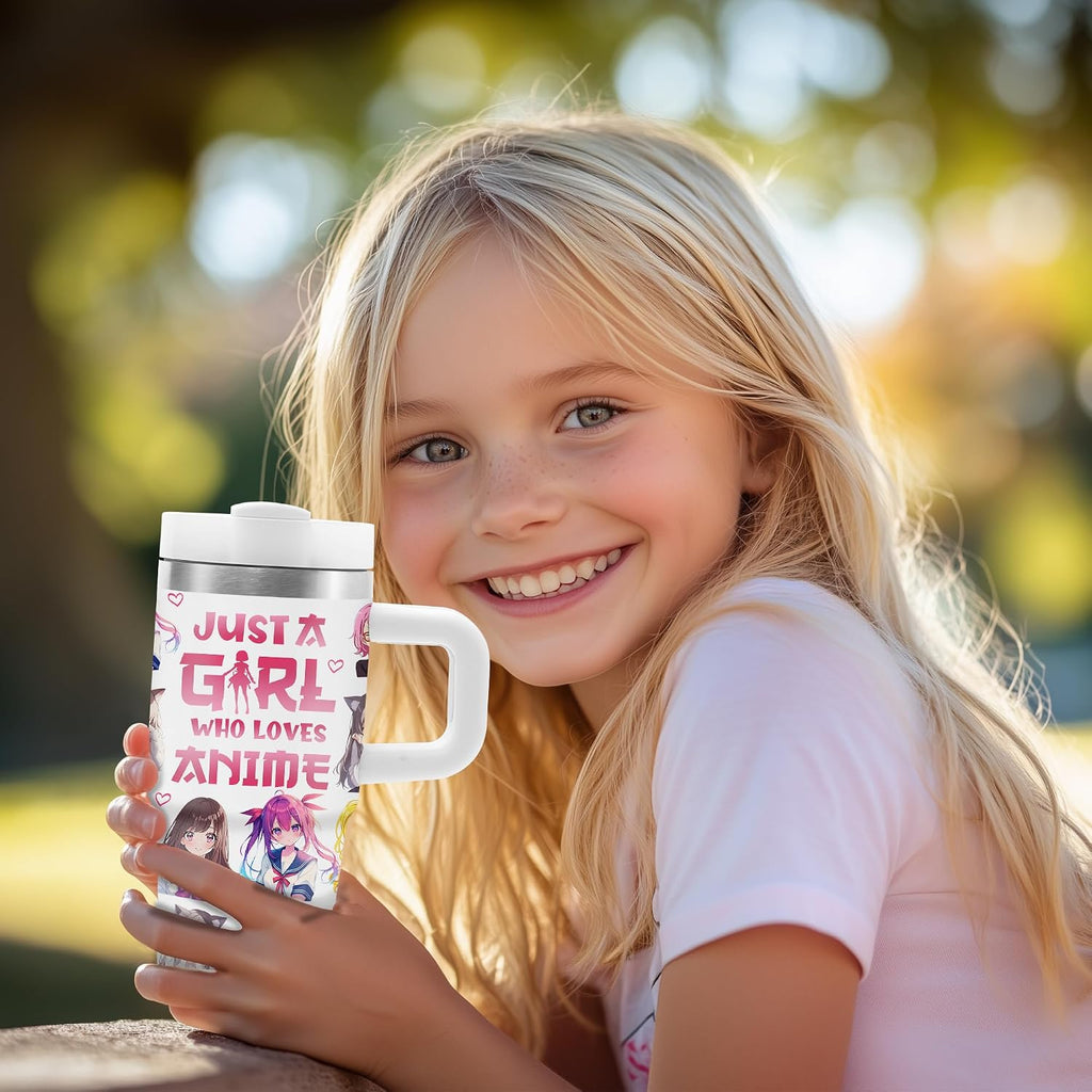 Anime Gifts for Women Girls, 14Oz Tumbler with Handle and Straw Just a Girl Who Loves Anime, Stainless Steel Insulated Cartoon Mug Cup, Birthday Gifts for Girl Kids Fans