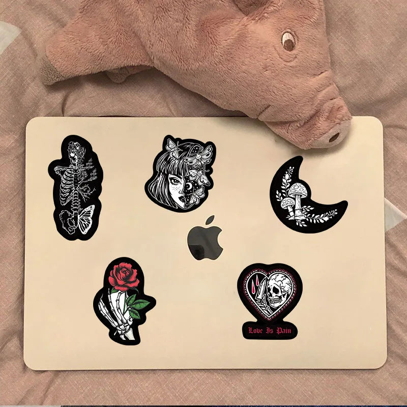 50PCS Black White Gothic Stickers,Goth Skull Stickers,Dark Stickers Waterproof Vinyl Stickers,For Water Bottles Phone