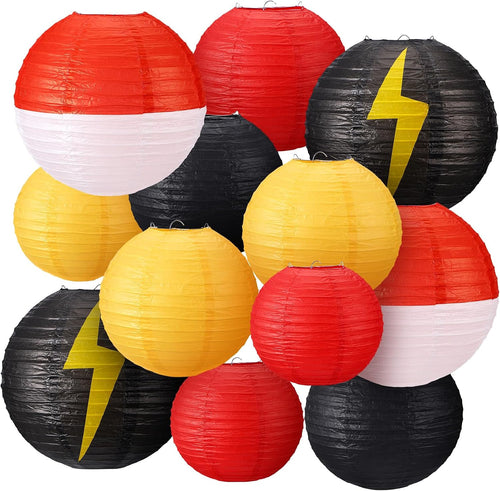 12 Pcs Cartoon Ball Animation Themed Hanging Paper Lanterns Cartoon Game Anime Themed Red Black Yellow and White round Lantern Decorations for Birthday Party Shower Classroom Home Decor