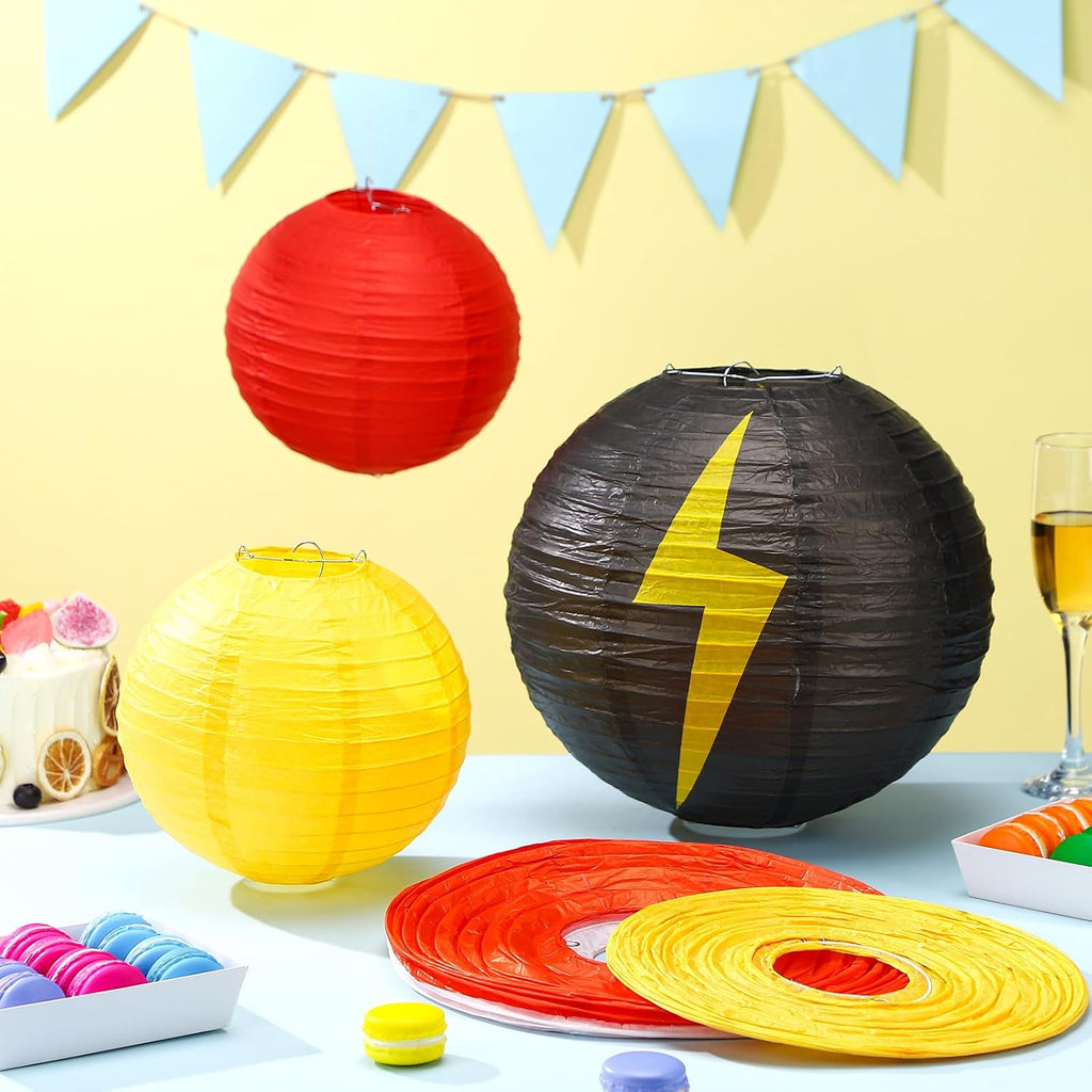 12 Pcs Cartoon Ball Animation Themed Hanging Paper Lanterns Cartoon Game Anime Themed Red Black Yellow and White round Lantern Decorations for Birthday Party Shower Classroom Home Decor