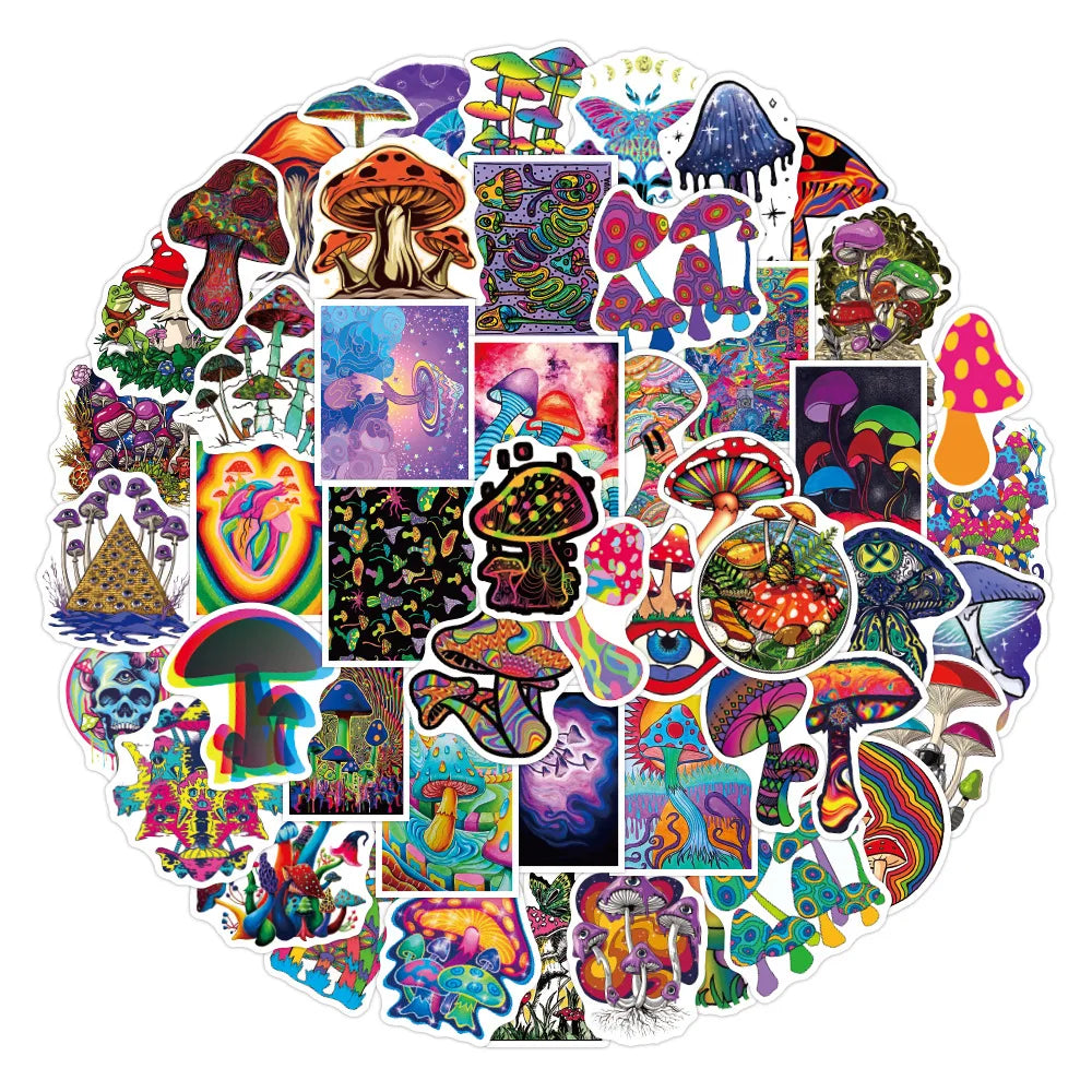 50Pcs Colorful Psychedelic Mushroom Rainbow Stickers Aesthetic Cute Plant Mushroom Stickers for Graffiti Skateboard Laptop Decor