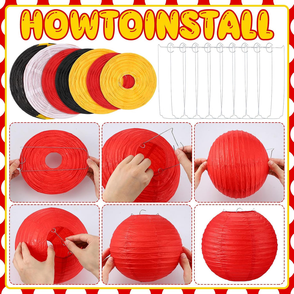 12 Pcs Cartoon Ball Animation Themed Hanging Paper Lanterns Cartoon Game Anime Themed Red Black Yellow and White round Lantern Decorations for Birthday Party Shower Classroom Home Decor