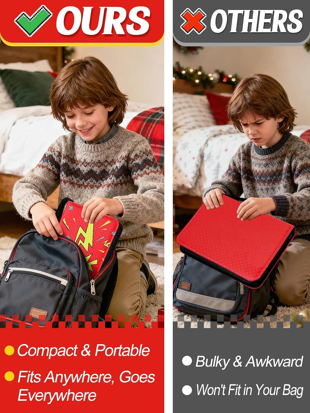 Small Portable Card Storage Binder Fits 400 Cards - 4 Pockets Zipper Card Albums for Trading, Card Holder with Removable Sleeves for Boys Gift, Red