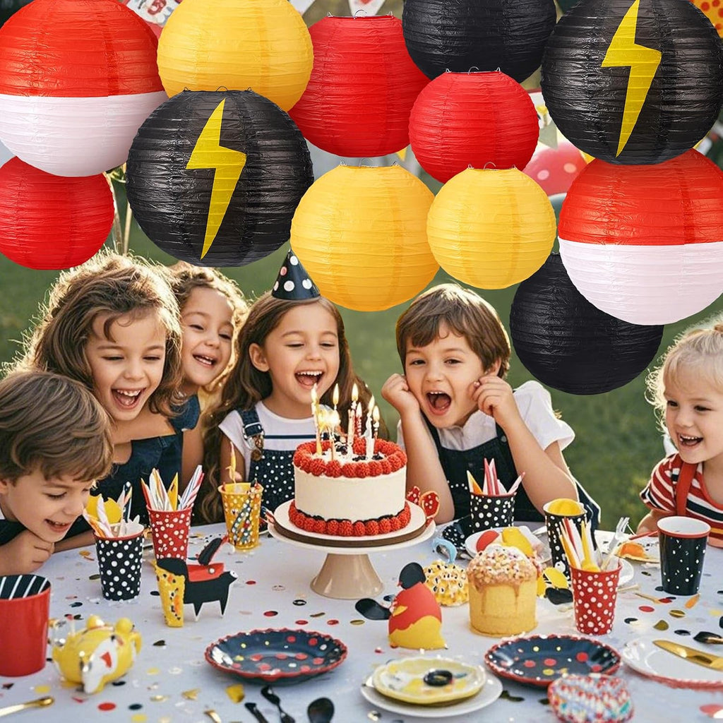 12 Pcs Cartoon Ball Animation Themed Hanging Paper Lanterns Cartoon Game Anime Themed Red Black Yellow and White round Lantern Decorations for Birthday Party Shower Classroom Home Decor