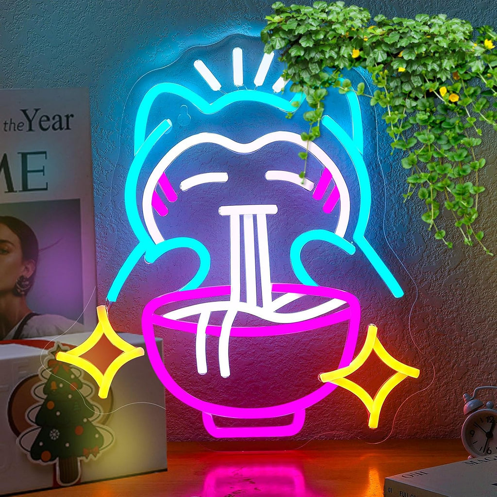 Ramen Neon Sign Cute Bear Noodles Neon Sign for Wall Decor LED Dimmable Japanese Wall Decor Neon Light USB Poweredfor Gaming Rooms, Restaurants, Bars & Kids Bedrooms, Creative Gift with Safe Indoor(13.7Inx12.5In) (Blue)
