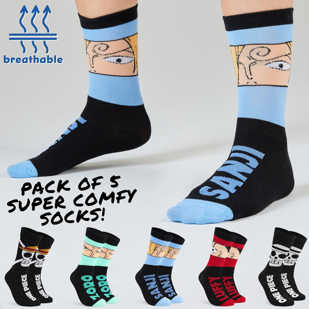 5 Pack Crew Socks for Men, Teens, Funny Anime Breathable Socks for Work, Sports, Novelty Gifts for Men