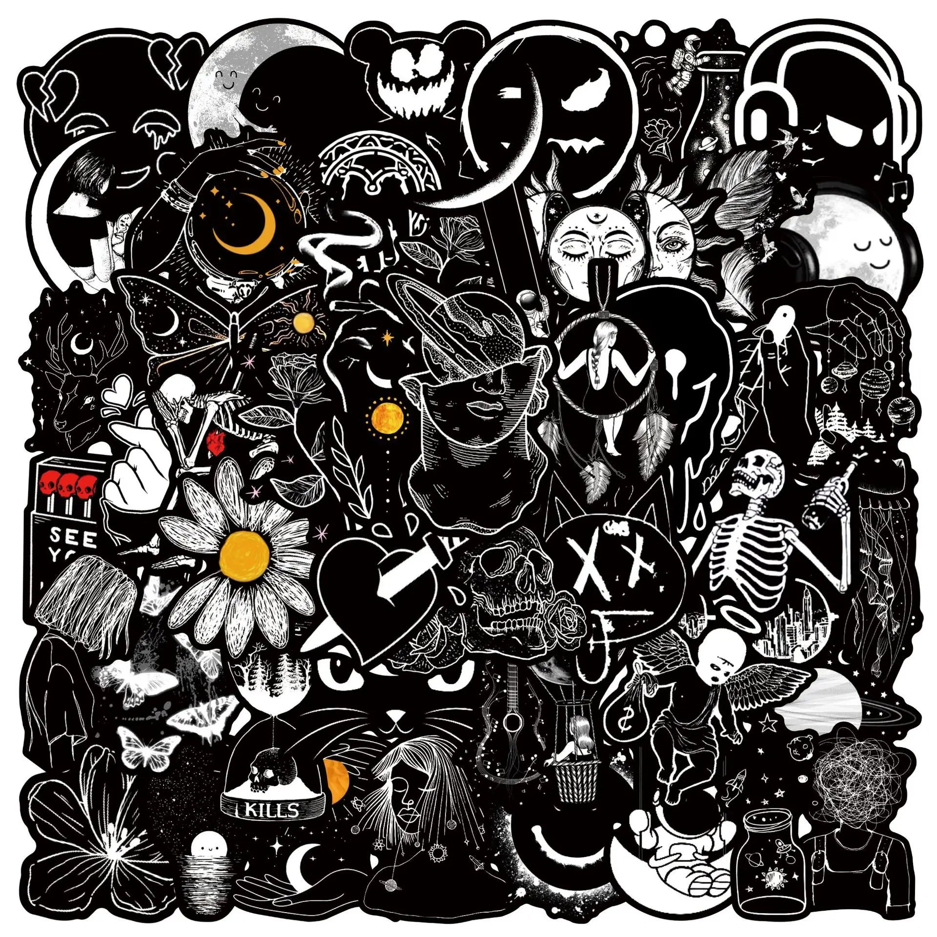 50PCS Black White Gothic Stickers,Goth Skull Stickers,Dark Stickers Waterproof Vinyl Stickers,For Water Bottles Phone