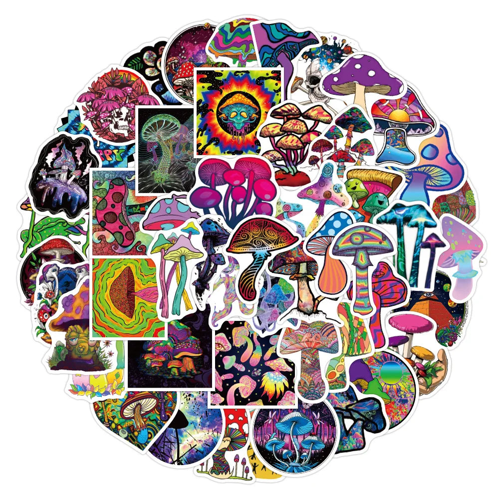50Pcs Colorful Psychedelic Mushroom Rainbow Stickers Aesthetic Cute Plant Mushroom Stickers for Graffiti Skateboard Laptop Decor