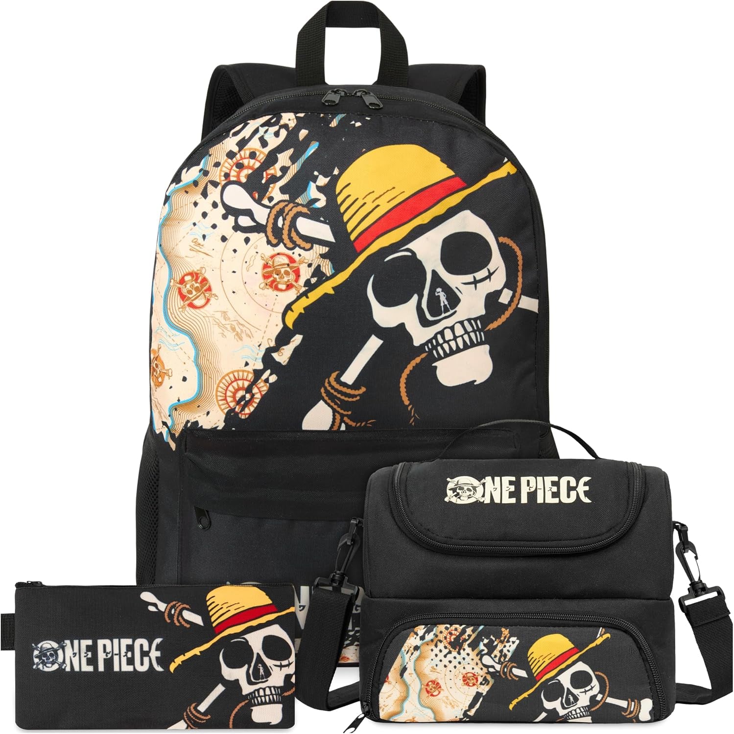 One Piece Boys Backpack, Lunch Bag & Pencil Case, 3 Piece Set | 18In Bookbag, Adjustable Padded Straps, Lightweight Insulated Lunch Bag, Pencil Pouch, School Supplies, Anime Gifts for Boys