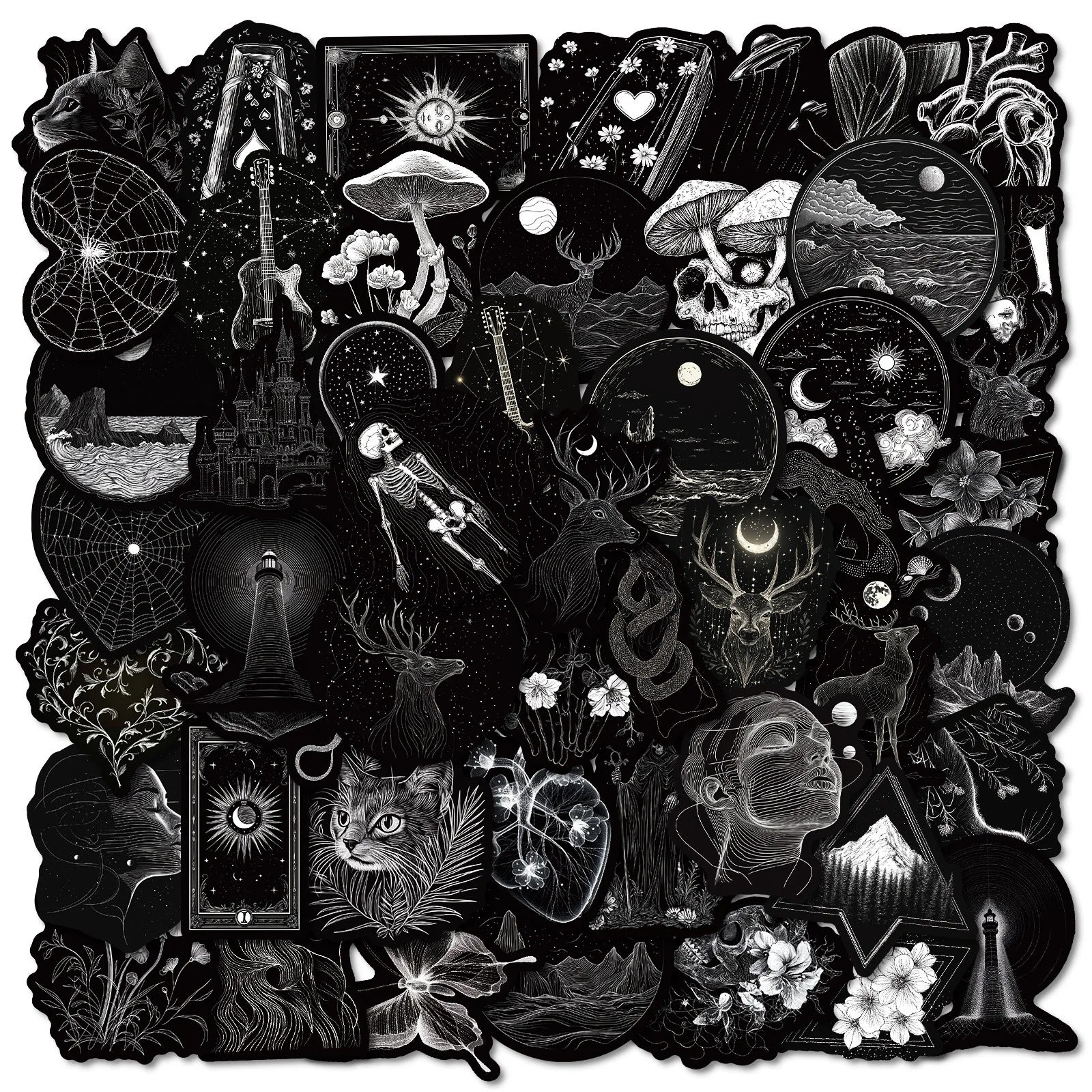50PCS Black White Gothic Stickers,Goth Skull Stickers,Dark Stickers Waterproof Vinyl Stickers,For Water Bottles Phone