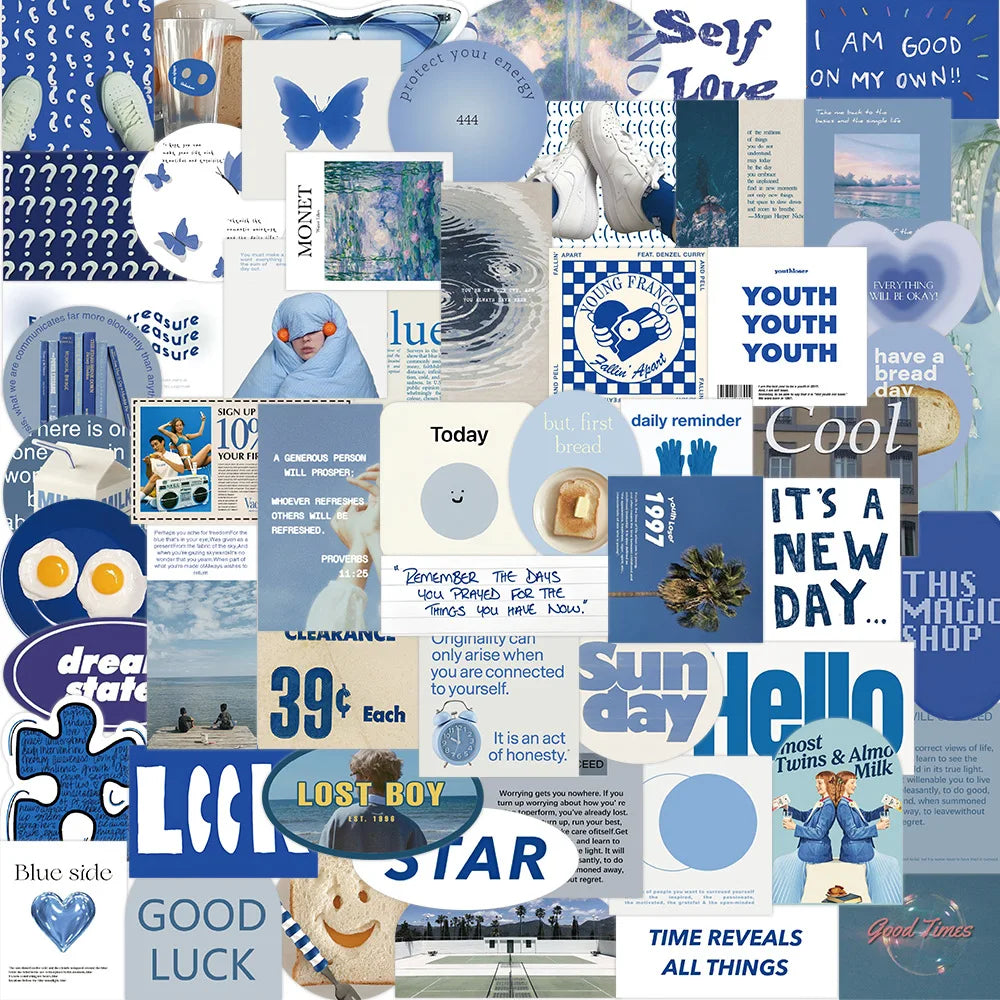 57Pcs Blue Stickers Aesthetic Waterproof Laptop Stickers Decals Water Bottle Laptop Computer Skateboard