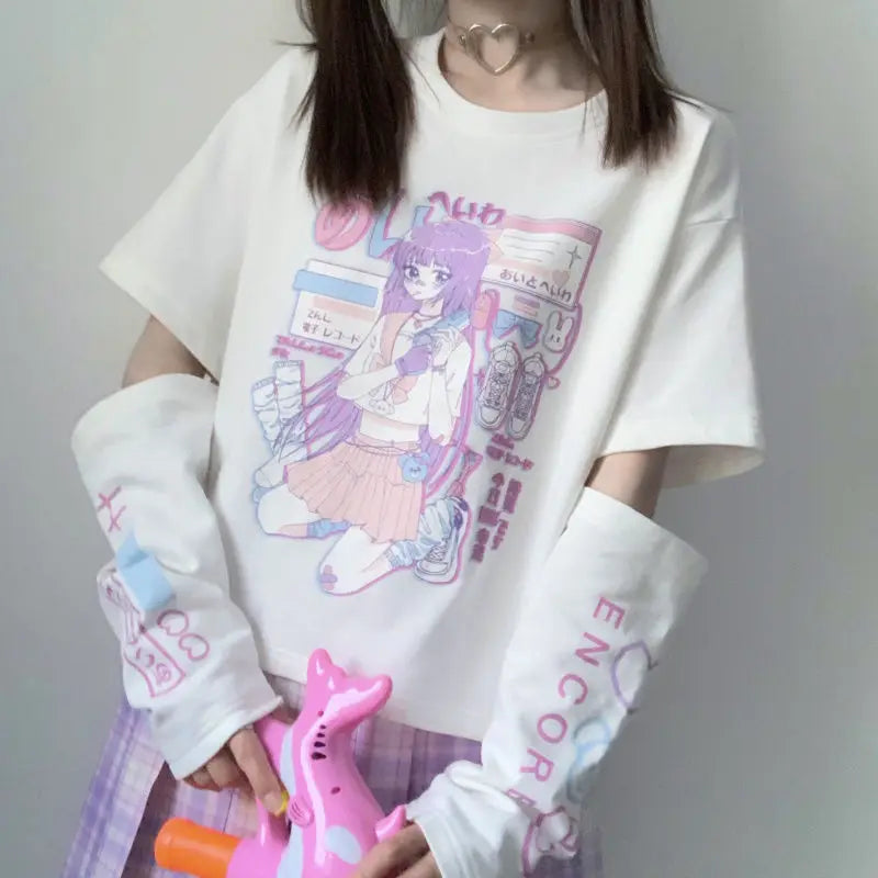 Harajuku Anime Hoodies Alt Kawaii Girls Fake Two Piece Top Striped Long Sleeve Y2K Pullover BF Korean Japanese Sweatshirt Teens