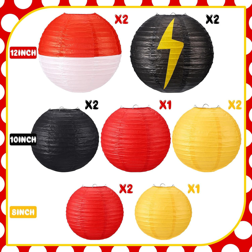 12 Pcs Cartoon Ball Animation Themed Hanging Paper Lanterns Cartoon Game Anime Themed Red Black Yellow and White round Lantern Decorations for Birthday Party Shower Classroom Home Decor