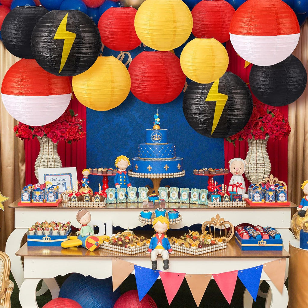 12 Pcs Cartoon Ball Animation Themed Hanging Paper Lanterns Cartoon Game Anime Themed Red Black Yellow and White round Lantern Decorations for Birthday Party Shower Classroom Home Decor