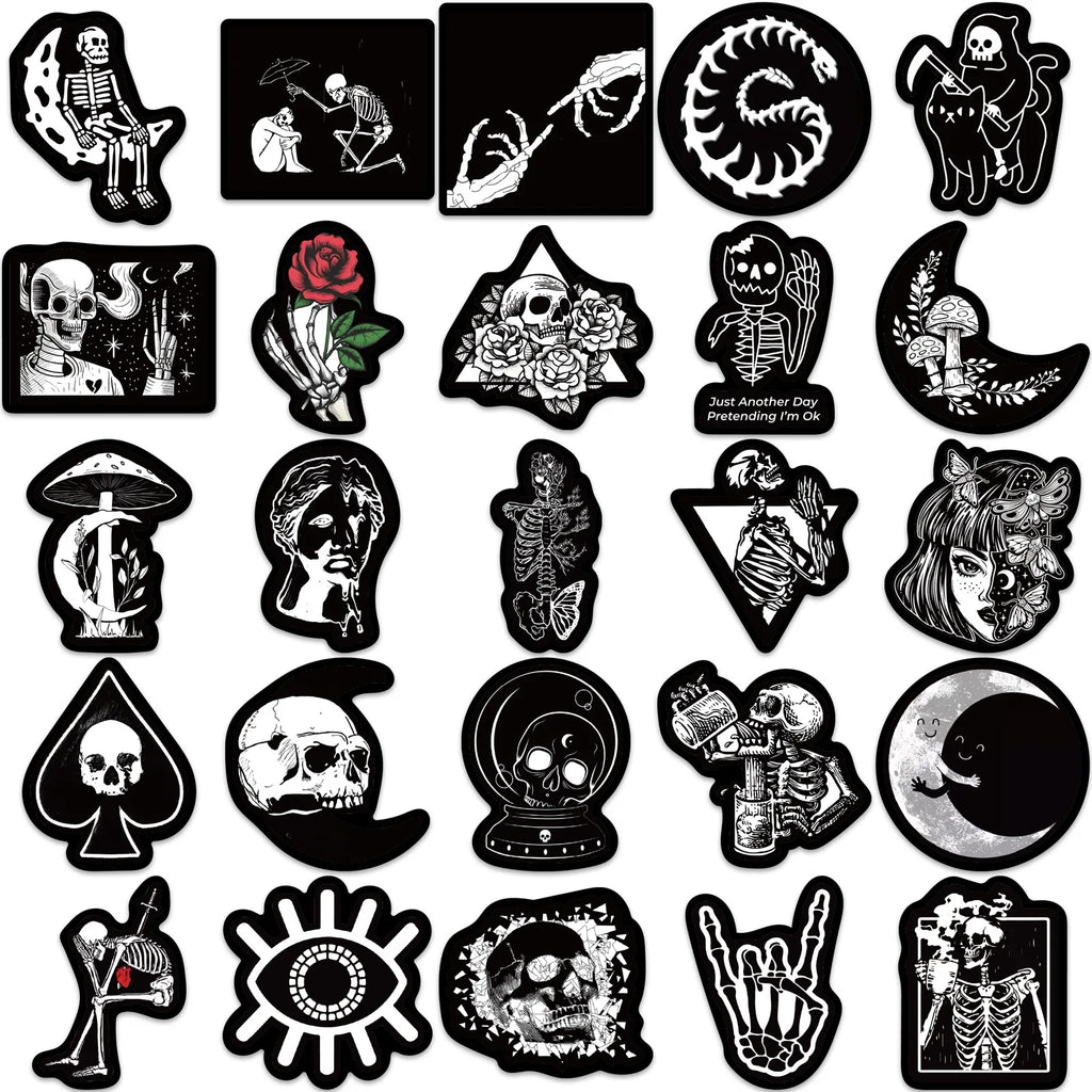 50PCS Black White Gothic Stickers,Goth Skull Stickers,Dark Stickers Waterproof Vinyl Stickers,For Water Bottles Phone