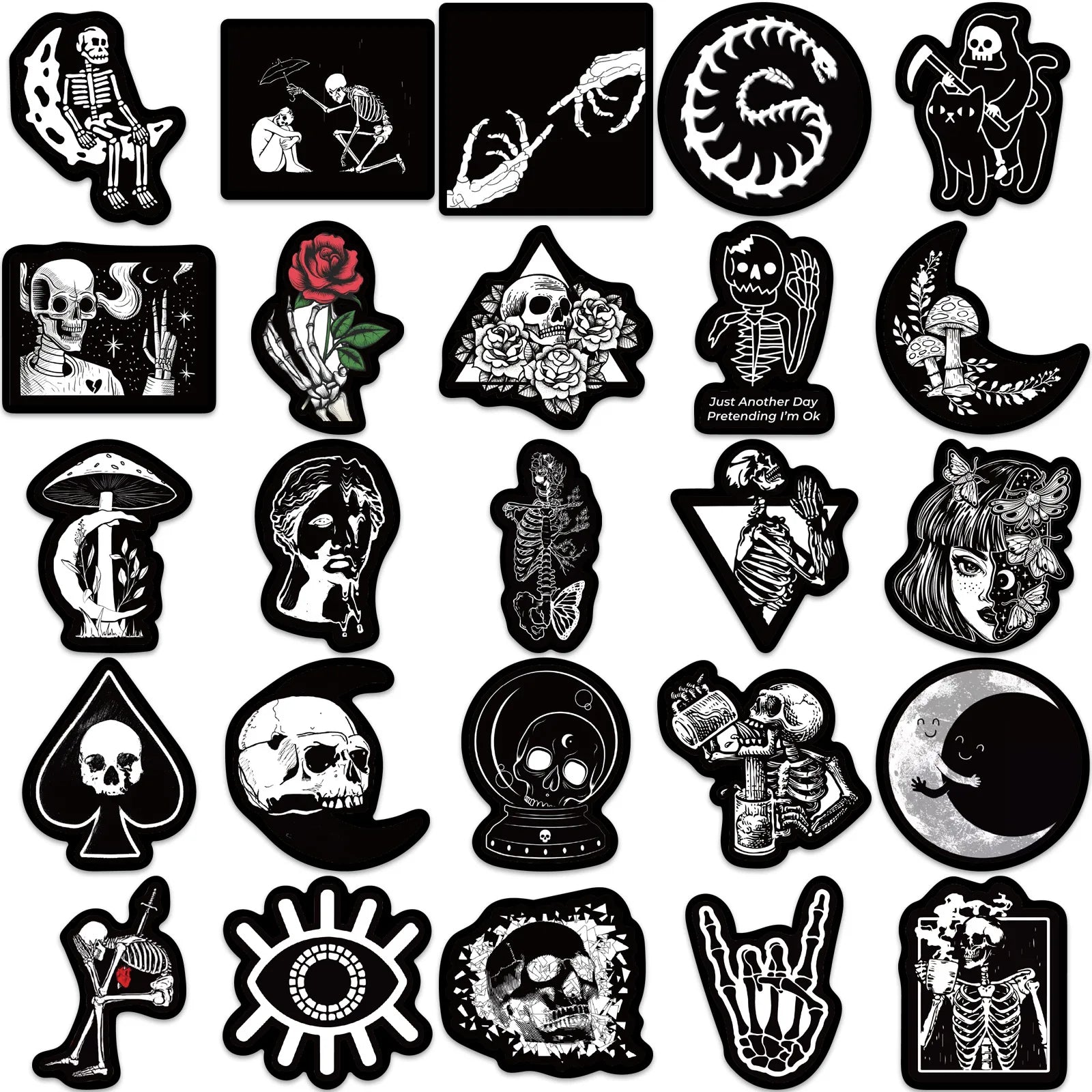 50PCS Black White Gothic Stickers,Goth Skull Stickers,Dark Stickers Waterproof Vinyl Stickers,For Water Bottles Phone