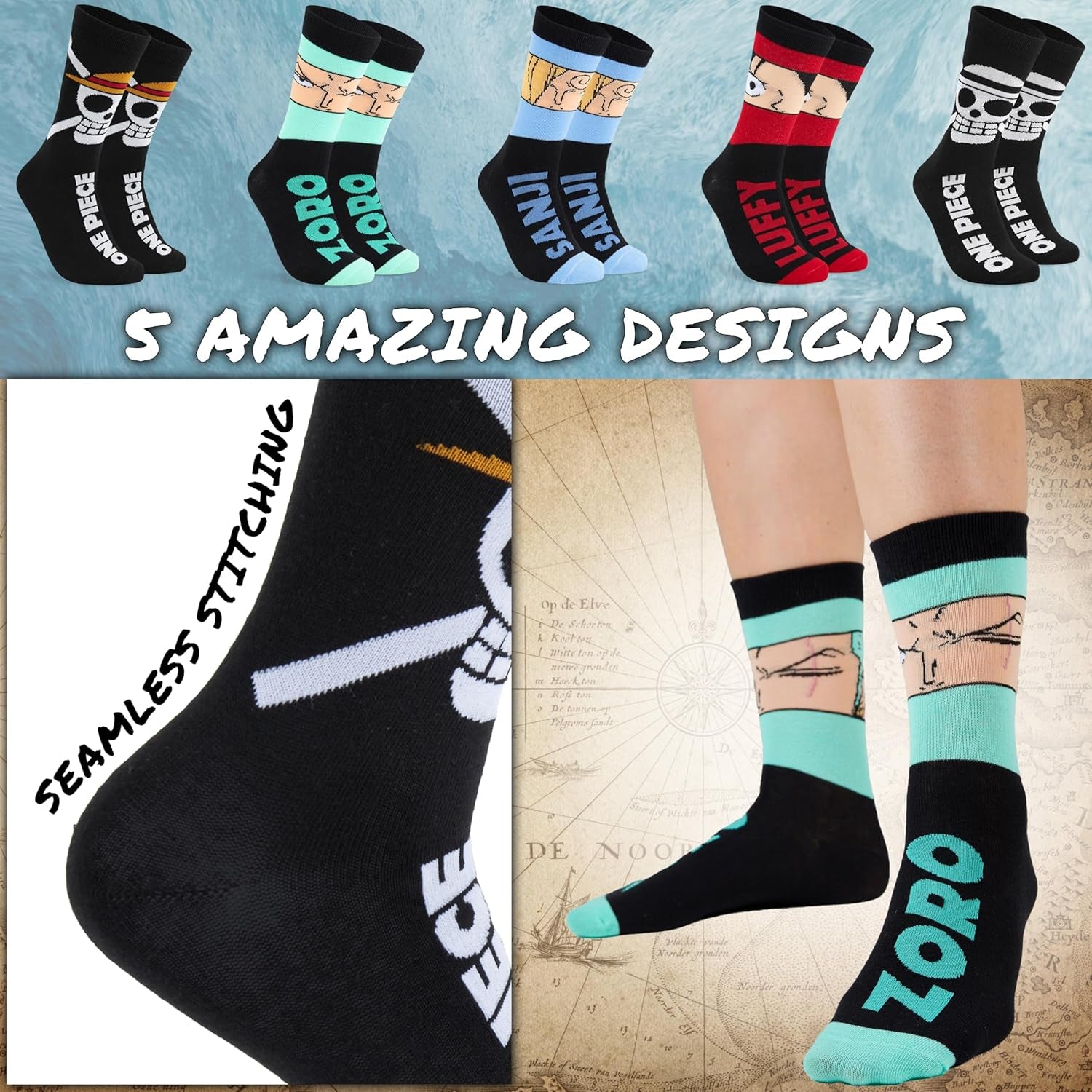 5 Pack Crew Socks for Men, Teens, Funny Anime Breathable Socks for Work, Sports, Novelty Gifts for Men