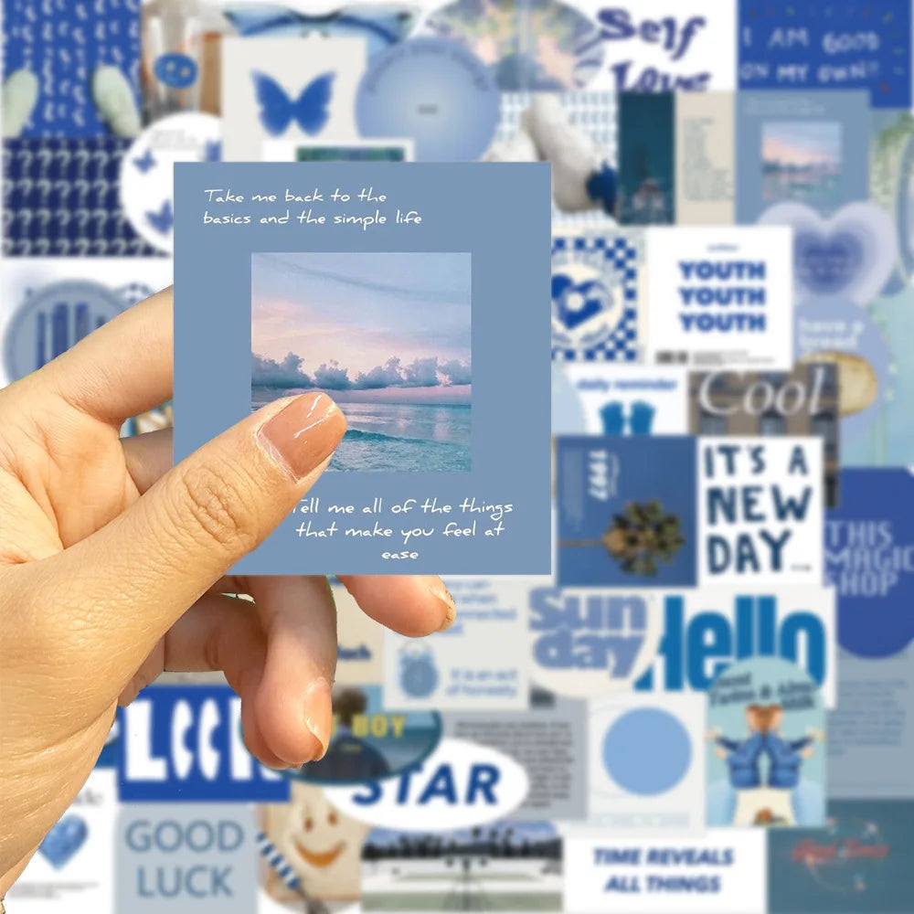 57Pcs Blue Stickers Aesthetic Waterproof Laptop Stickers Decals Water Bottle Laptop Computer Skateboard