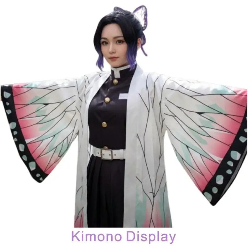 Summer Japanese Anime Shinobu Kocho Cosplay Costume for Women Butterfly Printing Big Sleeve Kimono Cardigan Hair Clip Ear Clip