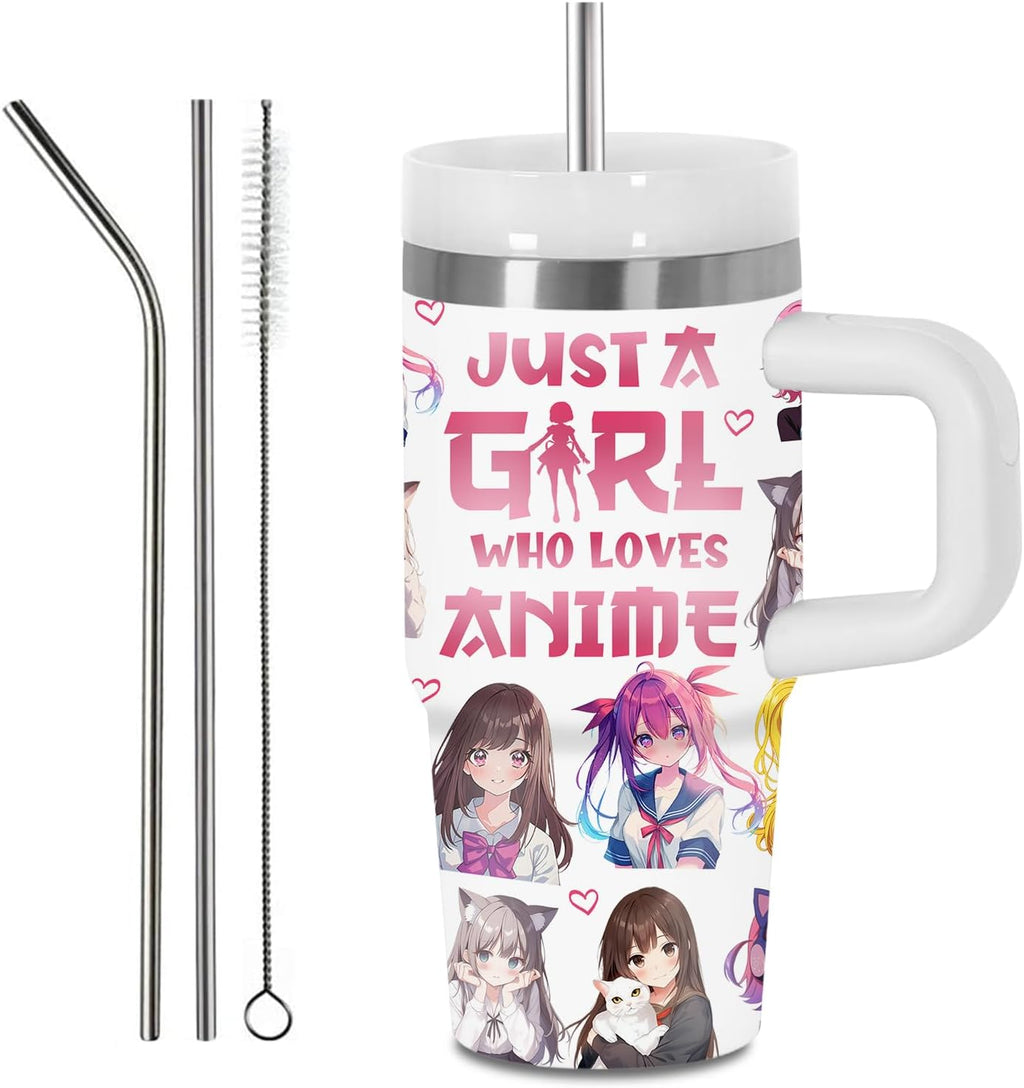 Anime Gifts for Women Girls, 14Oz Tumbler with Handle and Straw Just a Girl Who Loves Anime, Stainless Steel Insulated Cartoon Mug Cup, Birthday Gifts for Girl Kids Fans